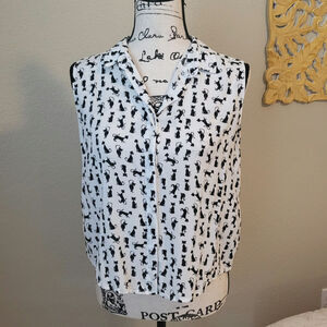 Mango Casual Cat Print Sleeveless, Button-down Shirt, Size 6